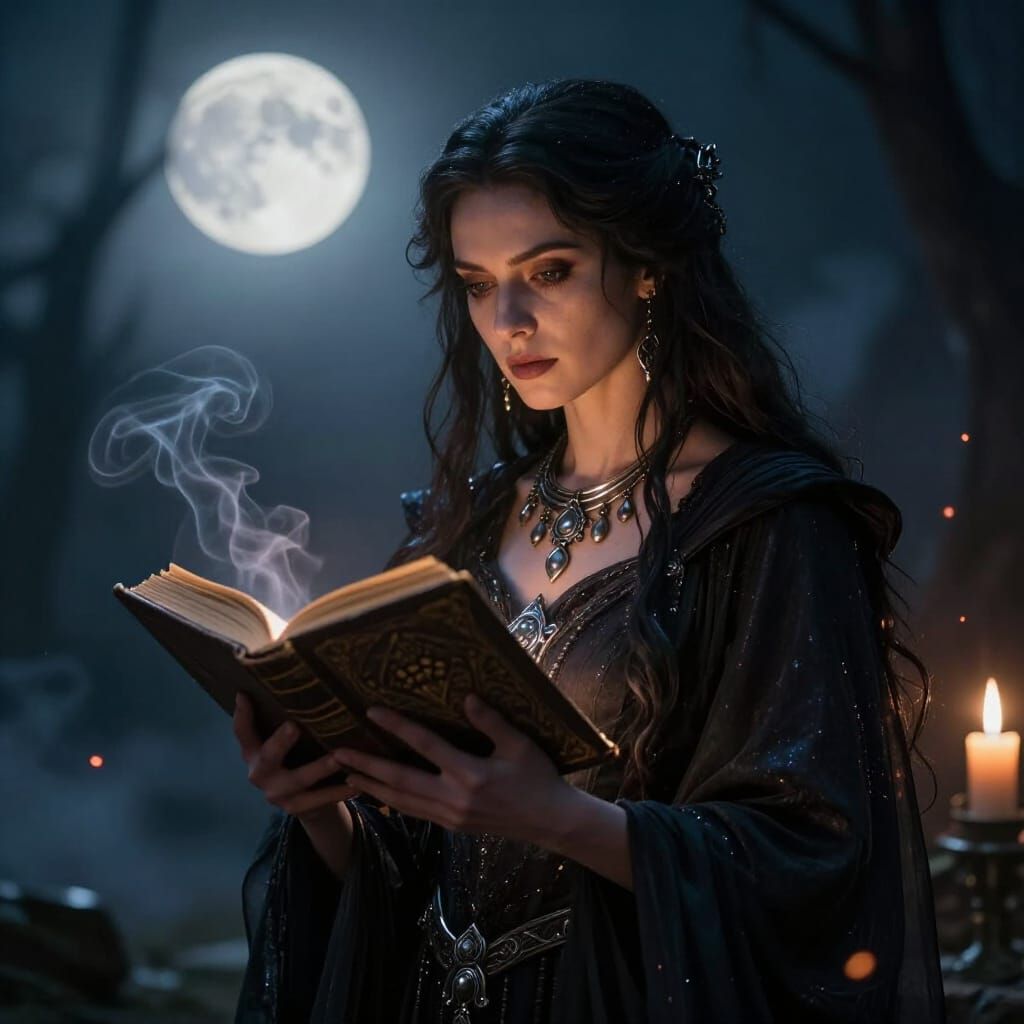 Mysterious Witch with Grimoire Illuminated by Moonlight