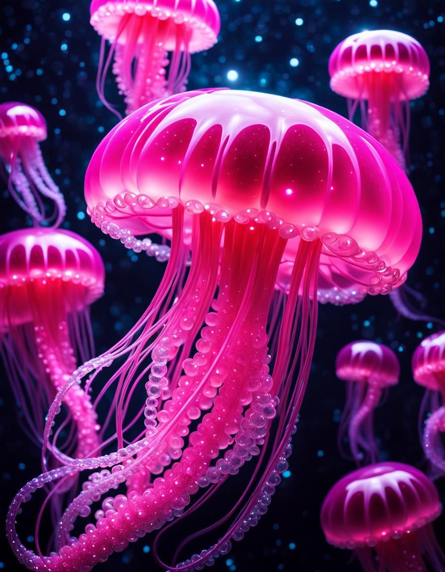 Sparkling Pink Jellyfish in a Dark Ocean