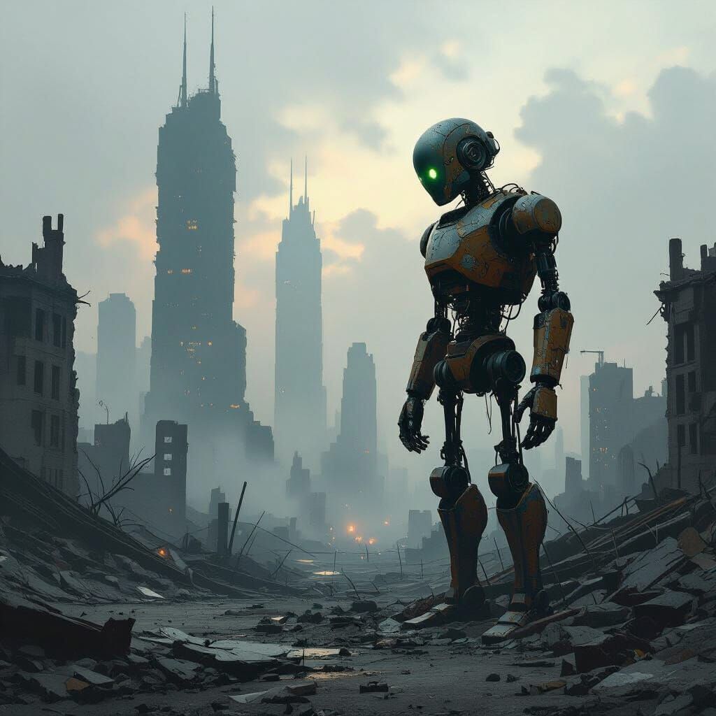 Rusted Automaton in Post-Apocalyptic City Ruins