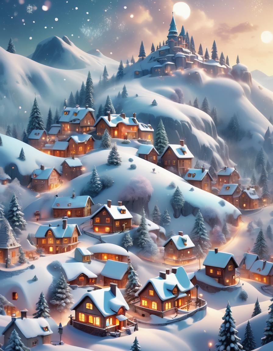 Whimsical Snow Town Concept Art in Pastel Colors