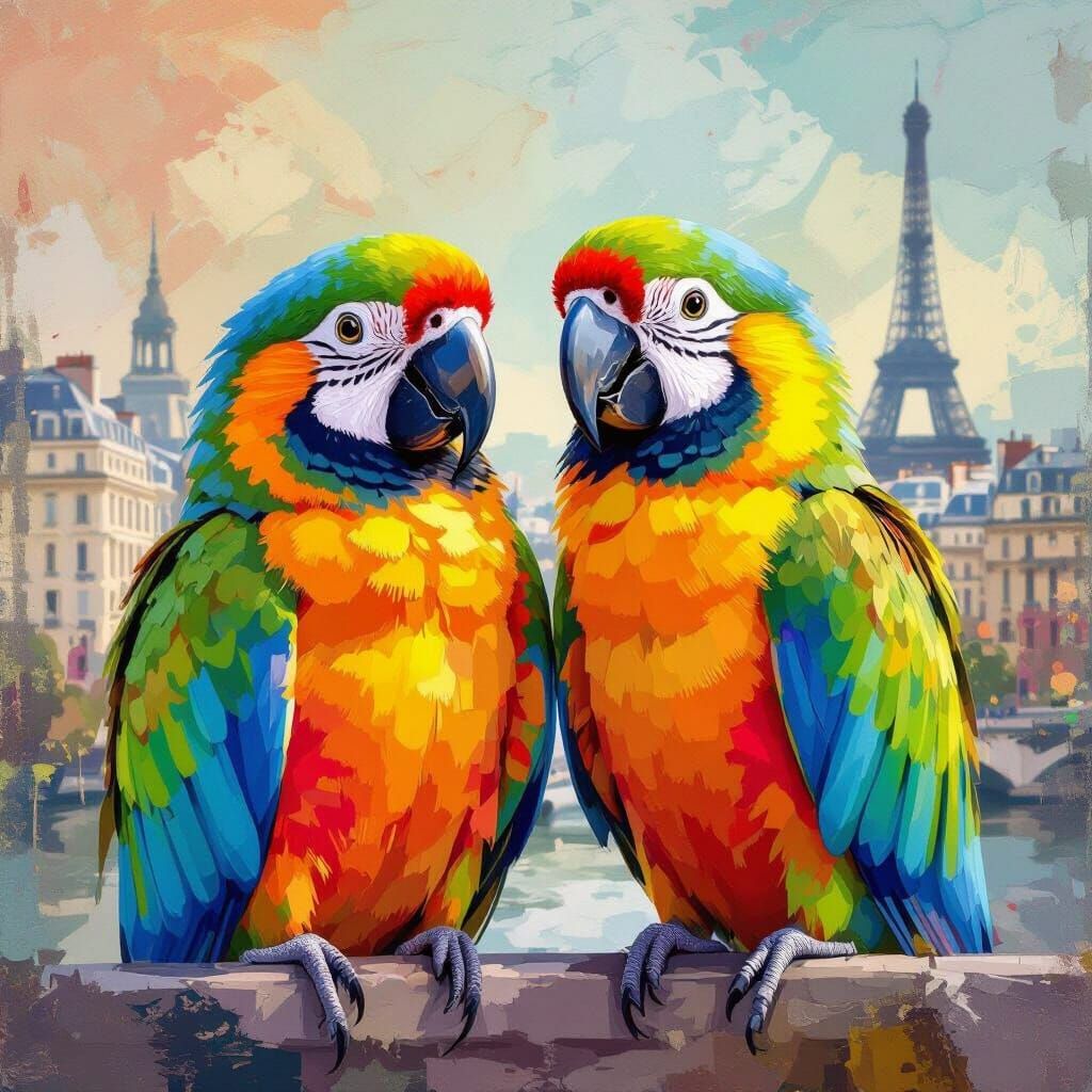Proud Parrot Parents in Paris, Pastel Painterly Style