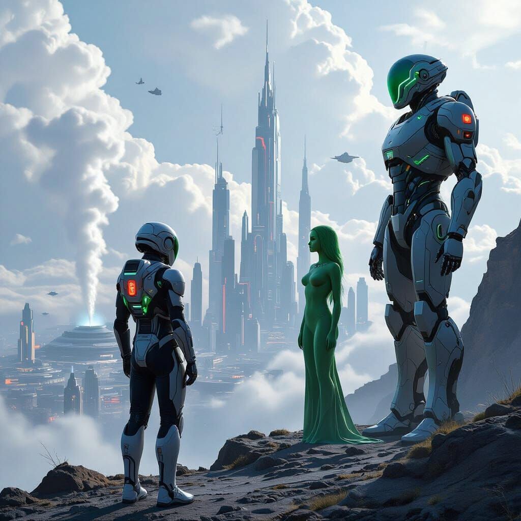 Futuristic Astronaut Overlooking Alien Metropolis