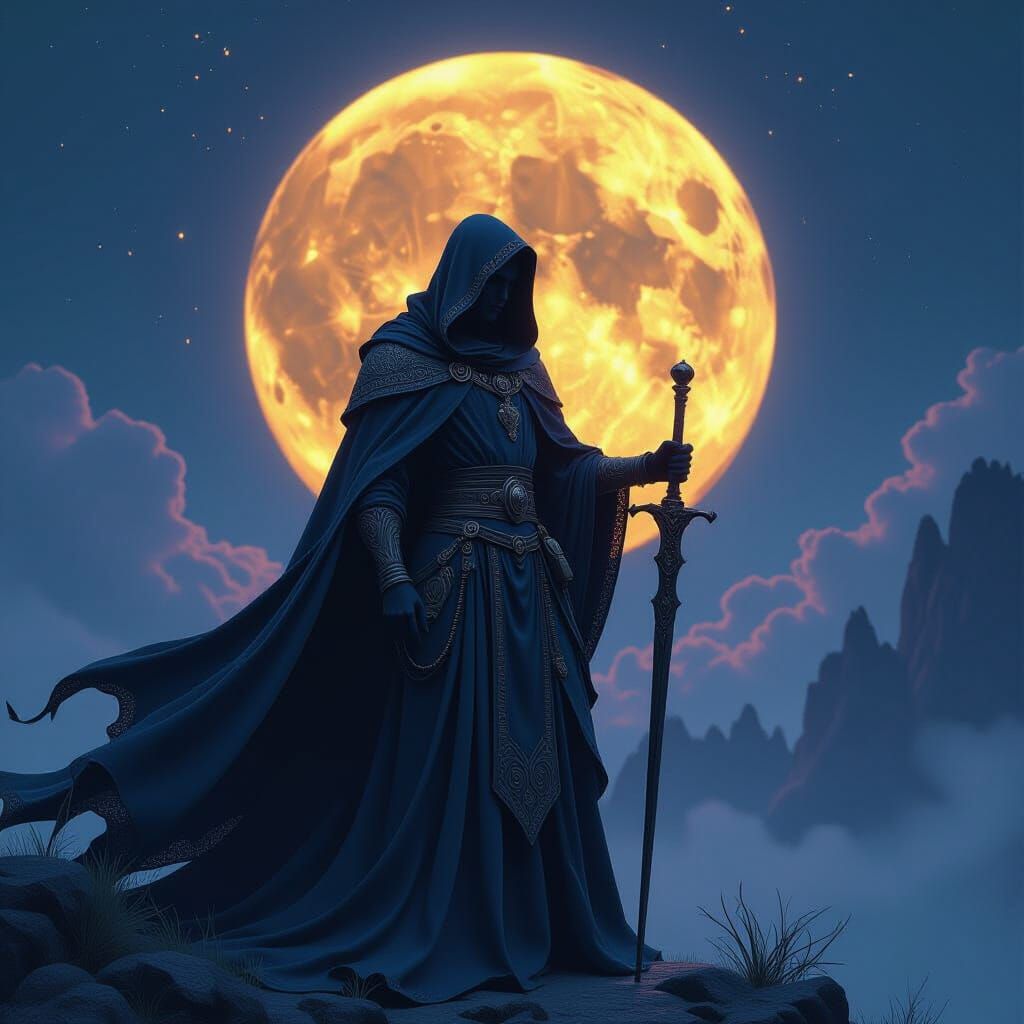 Mystic Figure in Dark Fantasy Landscape