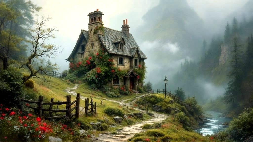 Medieval Hideaway in Thick Fog, Oil Painting Style