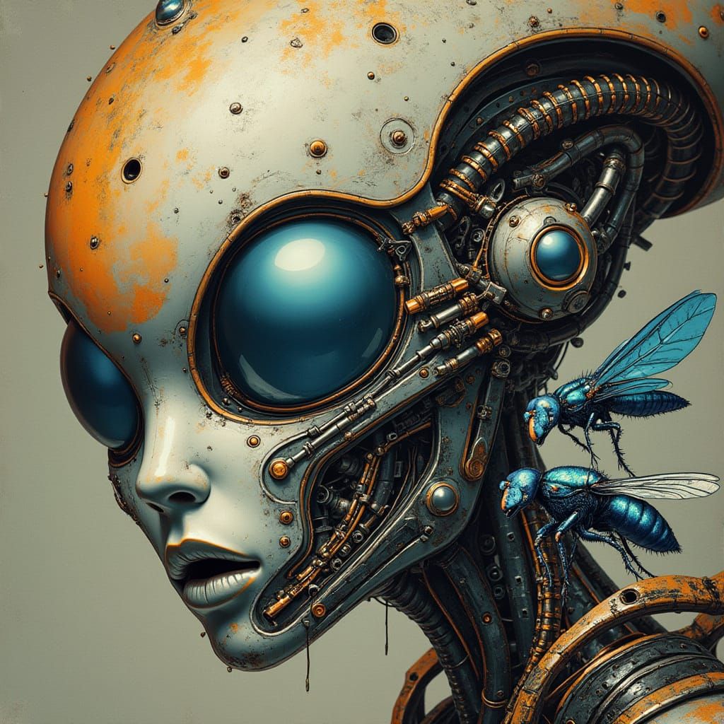 Mechanical Alien Face with Giant Fly in Surreal Style