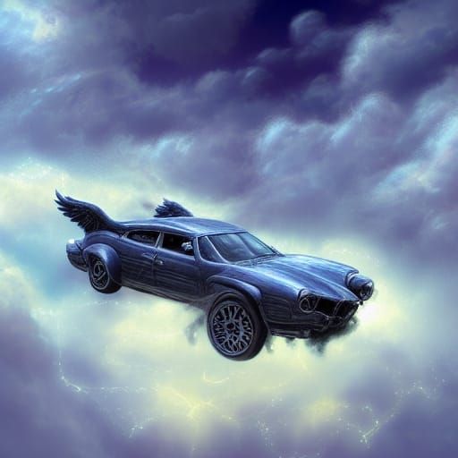 Winged Car Soaring Through Storm Clouds