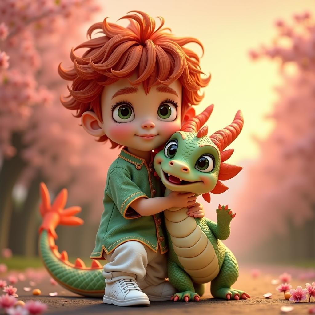 Boy and Dragon in Fantasy Sunset, Digital Art