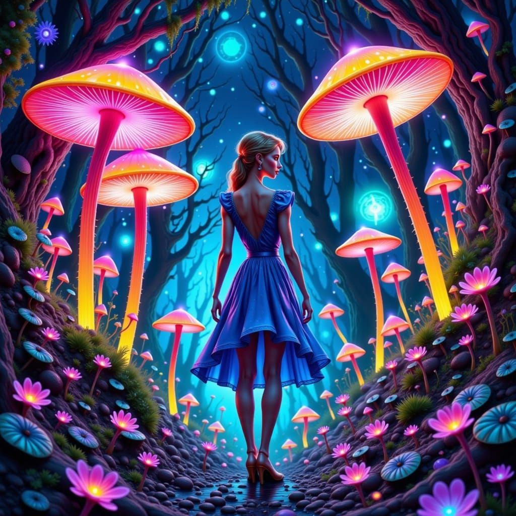 Whimsical Fae Queen in a Neon-Lit Ancient Forest