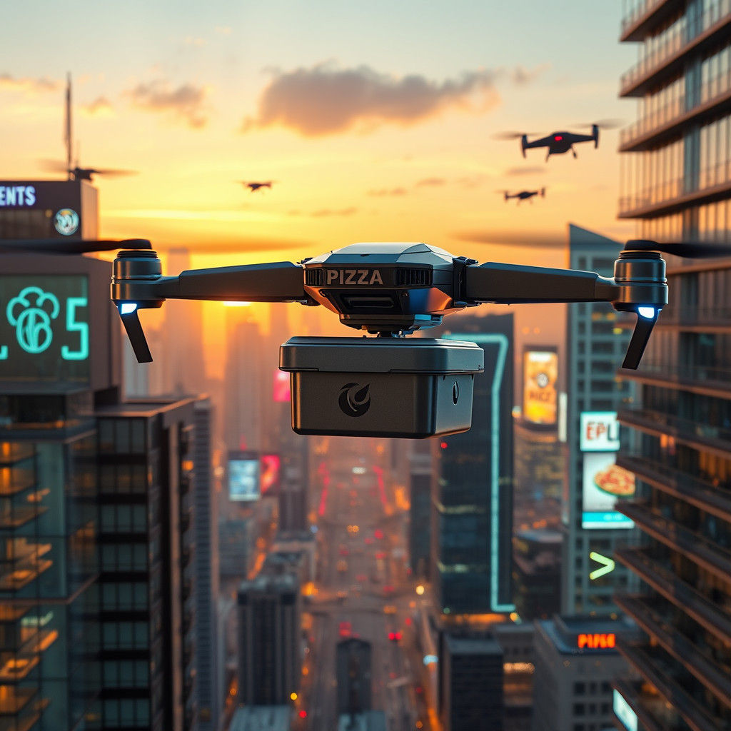 Futuristic Pizza Delivery by Drone in Cyberpunk City
