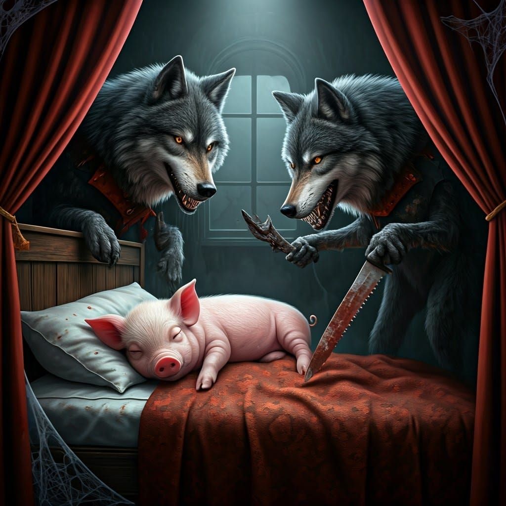 Hyper-Realistic Piglet Surrounded by Menacing Wolves in Hall...