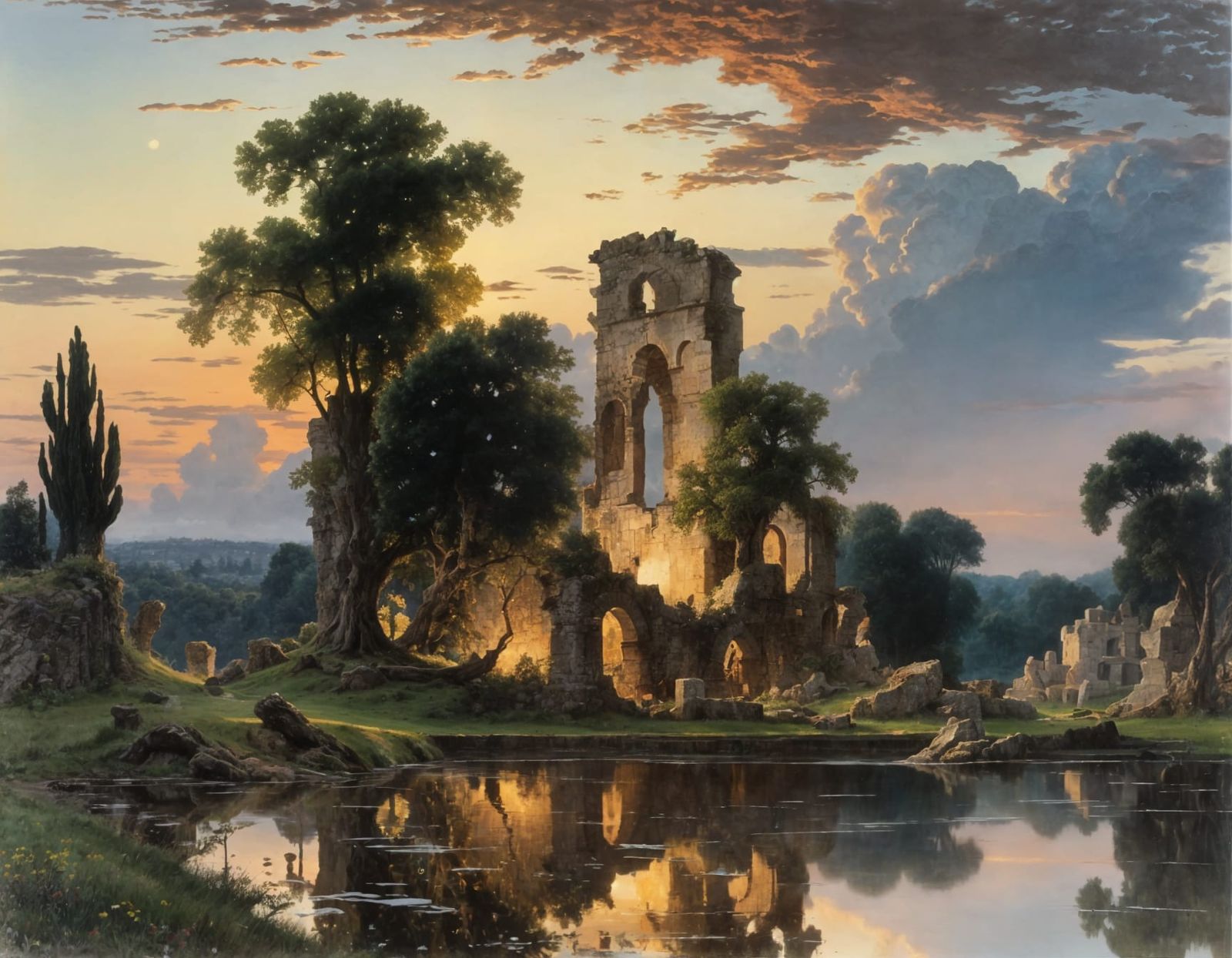 Ruins Amidst Twilight Reflections in a Romantic Landscape