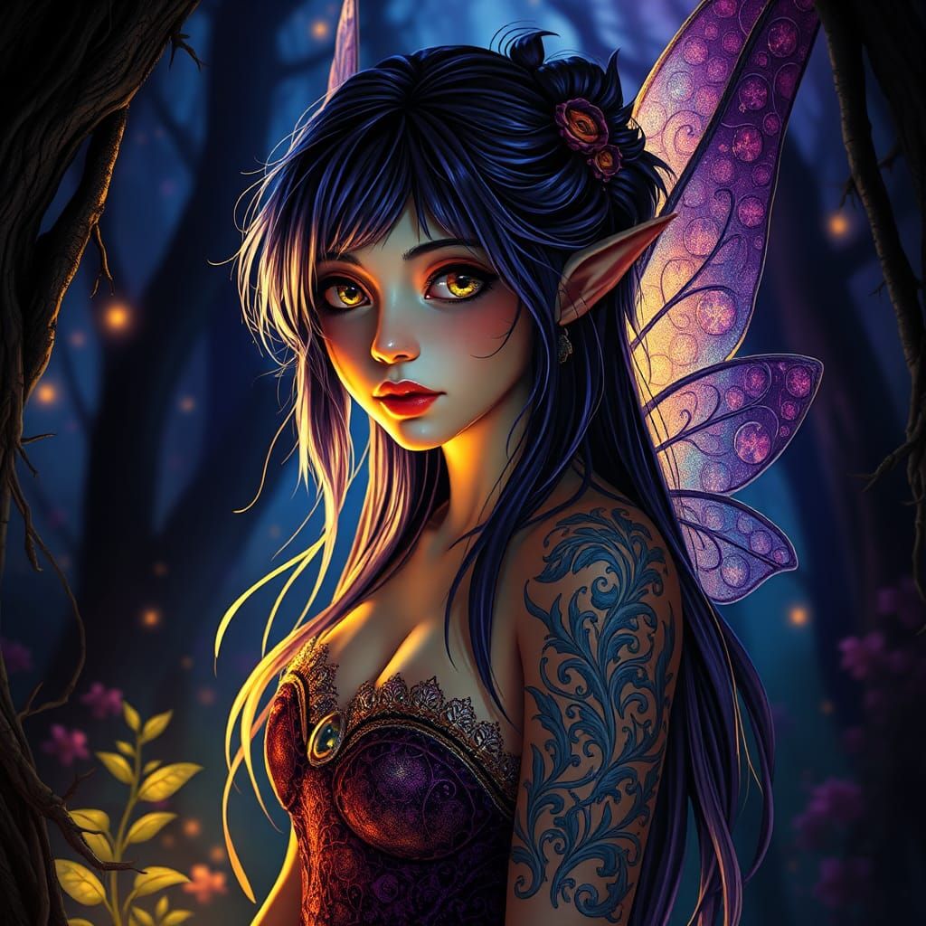 Mystical Twilight Fairy in Detailed Forest, Dark Fantasy Art