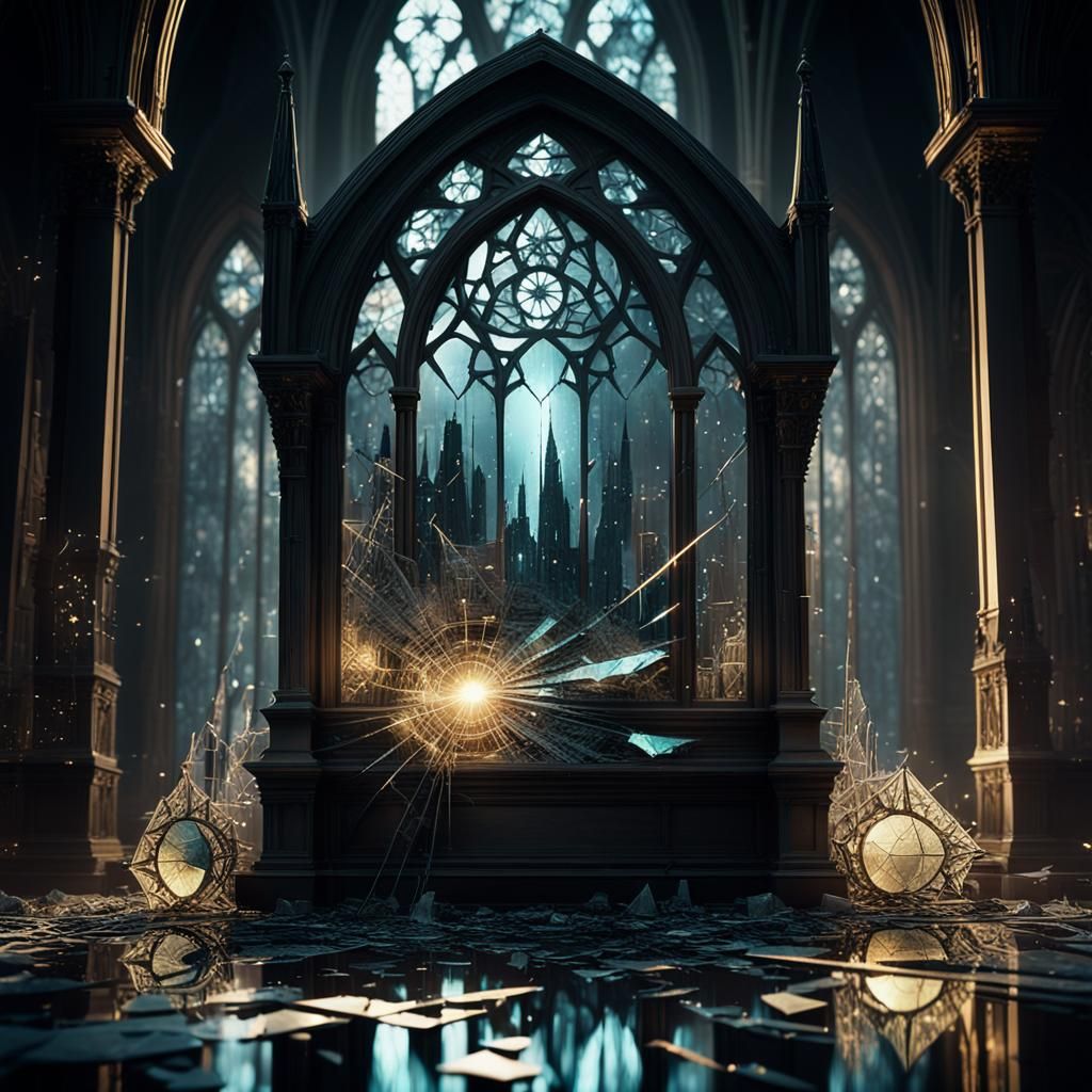 Broken mirror with shattered shards and eerie reflections on...