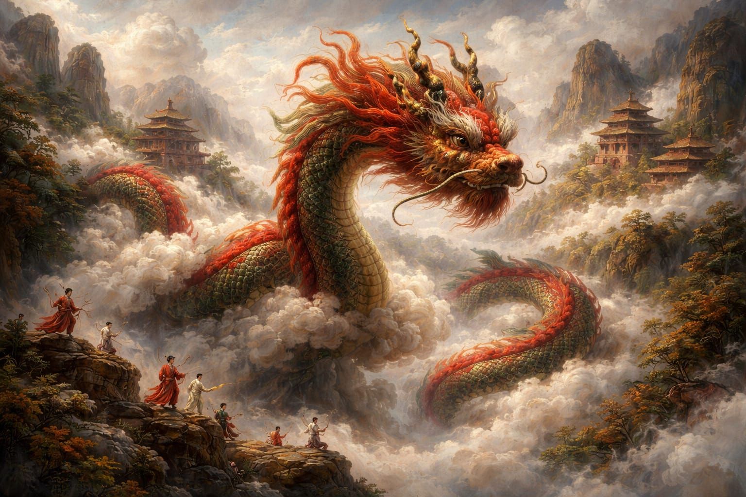 Needle Felted Chinese Dragon in Ancient Landscape Oil Painti...