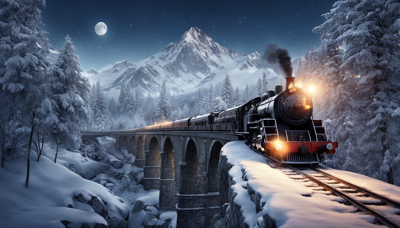 Majestic Steam Train Crossing Snowy Mountain Bridge Under St...