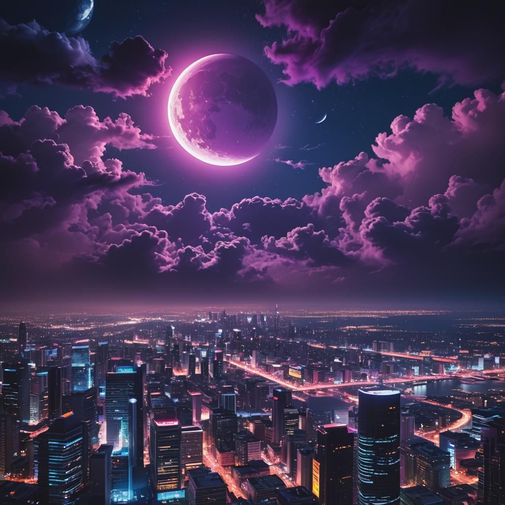 Giant Blue Moon in Neon Art Style