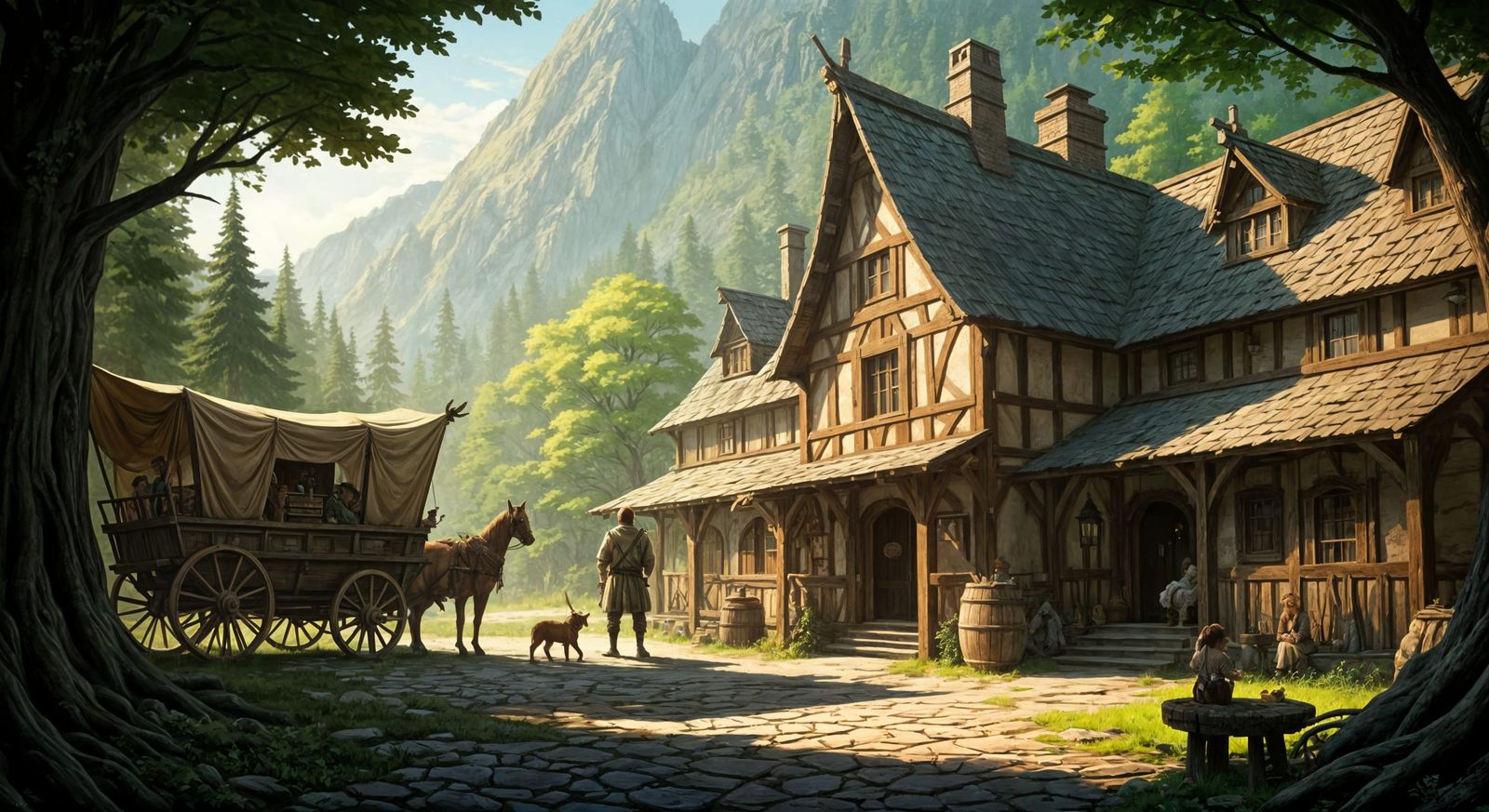 Fantasy Inn at Forest Crossroads: Impasto Illustration