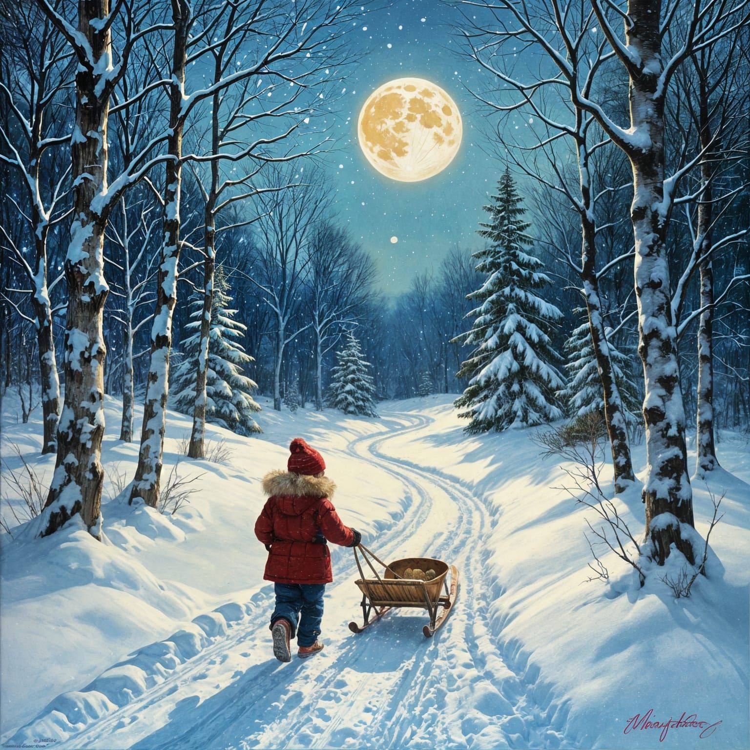 Child's Winter Journey: Impasto Painting of Snowy Forest