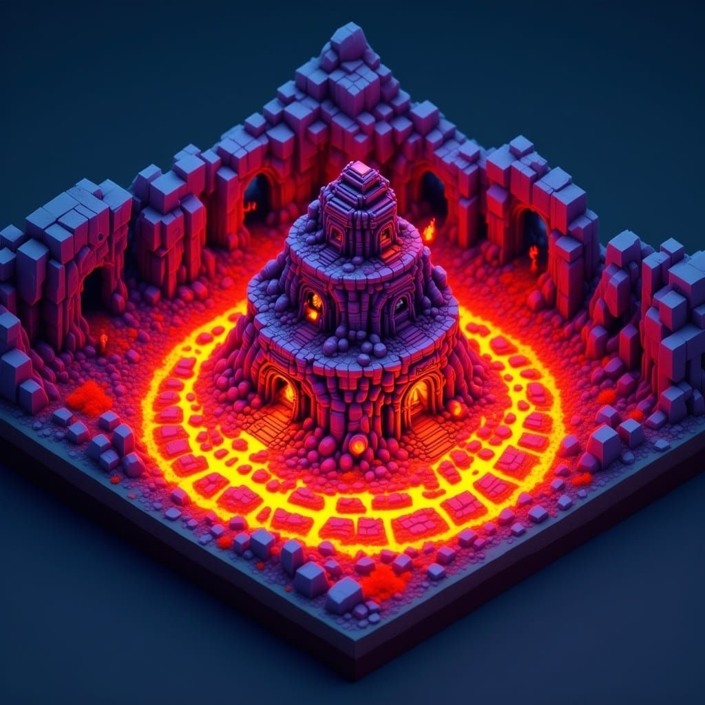 Ancient Lava Temple in Isometric Sci-Fi Style