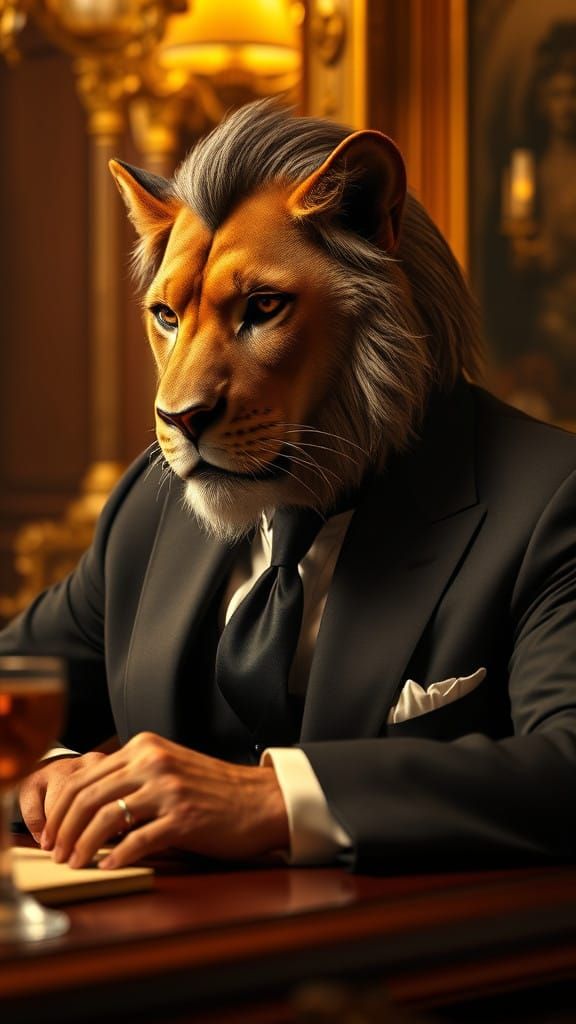 Regal Godfather Figure with Lion's Face in Dramatic Lighting