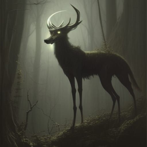 Three-Eyed Deerwolf in Dark Horror Style