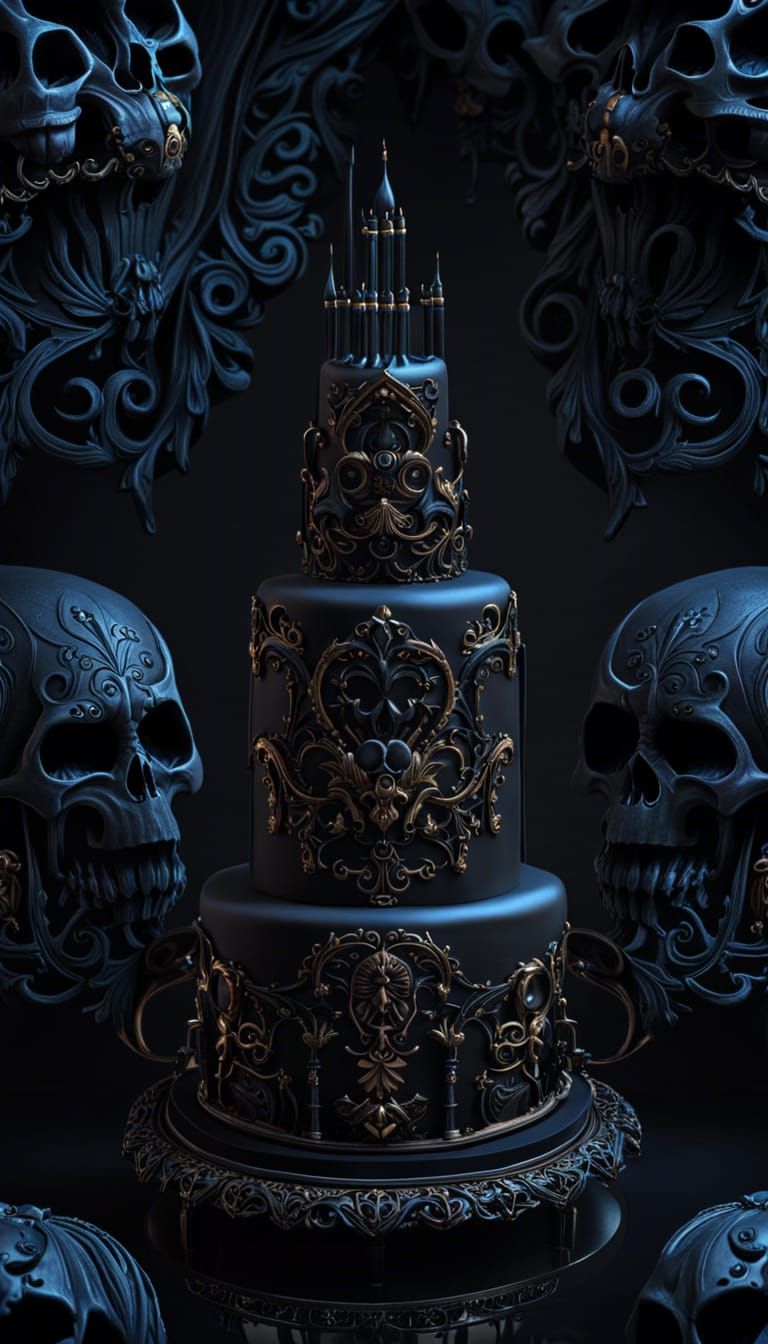 Gothic Cake with Black Skulls in Fantasy Style