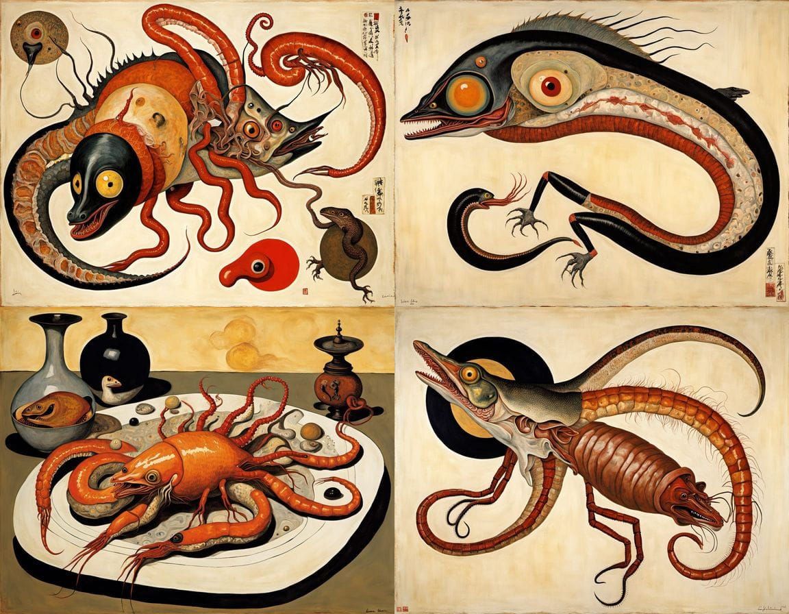 Ukiyo-e Surrealist Fusion of Mythical Creatures and Anatomy