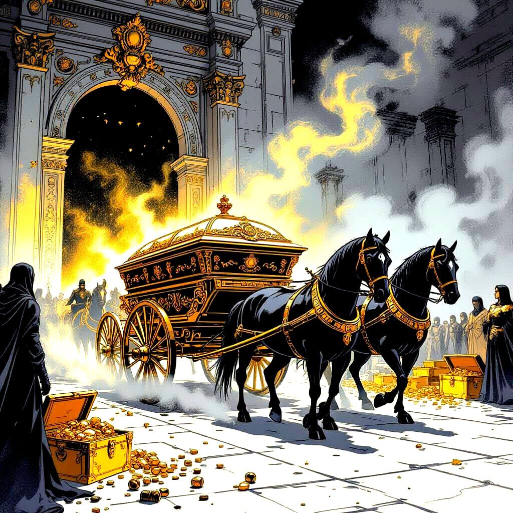 Solemn Funeral Procession with Golden Coffin, Comic Book Sty...