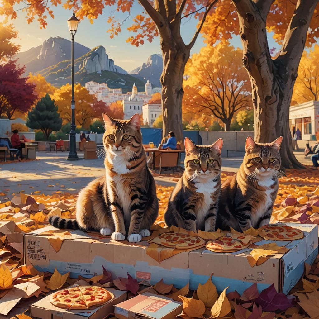 Cats' Autumn Picnic near Gibraltar, Hand-Painted Style
