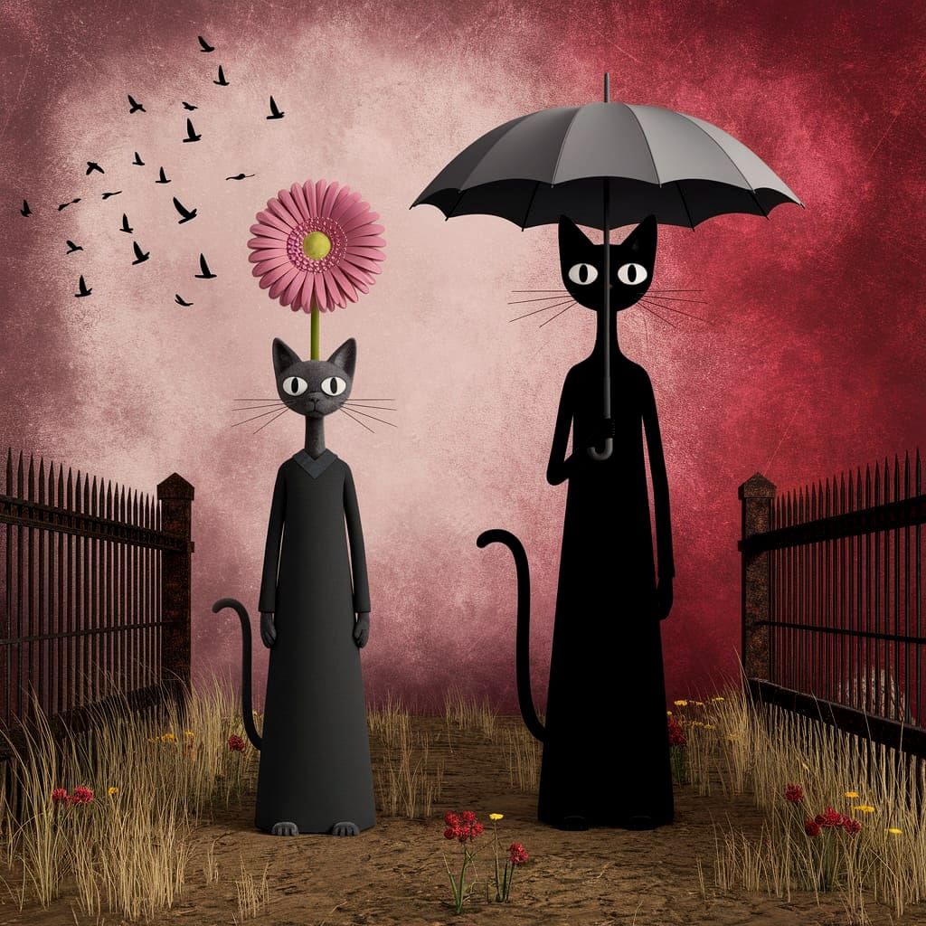 Whimsical Cats in Surreal Pink Sky Landscape