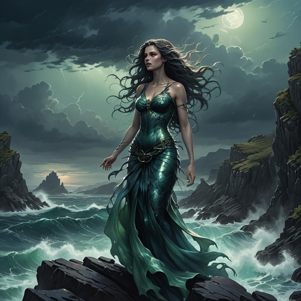 Mysterious Siren Singing on a Rocky Cliff