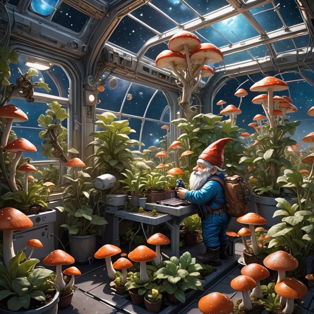 Gnome Cultivating Mushrooms in Space Station Greenhouse