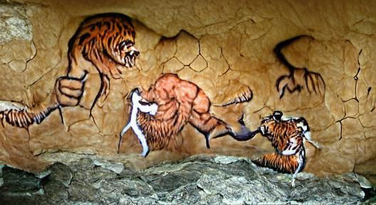 Cave Painting of Man Fighting Tiger
