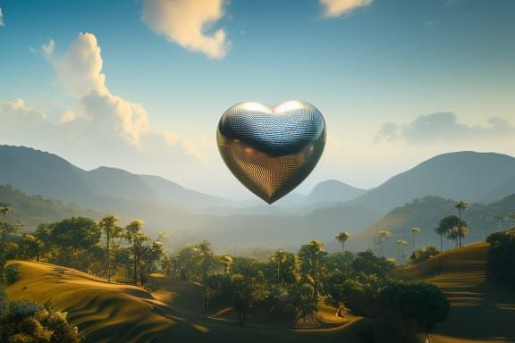 Ornate Heart in Flight Over Tropical Landscape