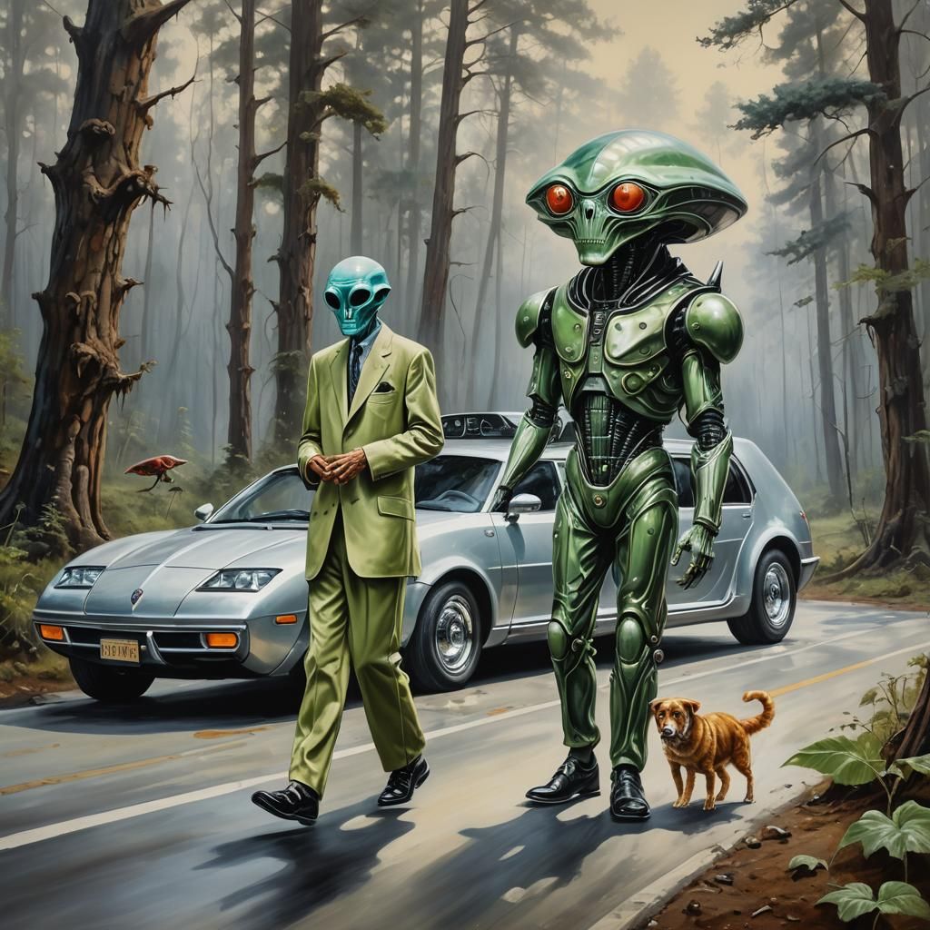 Alien and Pet Crossing Forest Road: Surreal Dali-esque Art