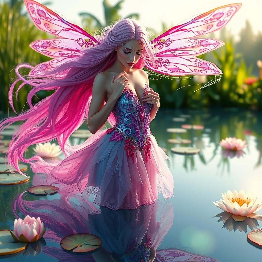 Fantasy Fairy on Mirror Lake: Surrealist Concept Art