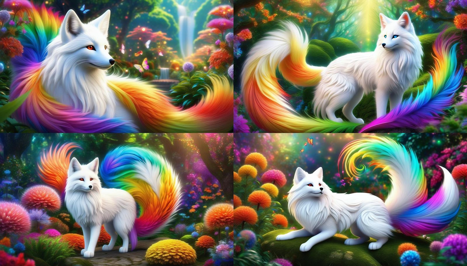 Rainbow Tailed Kitsune in Whimsical Garden