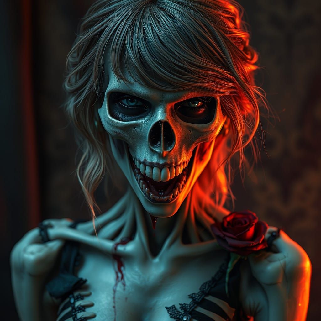 Dark, Hyper-Realistic Portrait of Taylor Swift as Undead Mus...