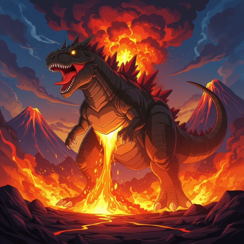 Giant Dino Beast Emerges from Erupting Volcano in Anime Styl...