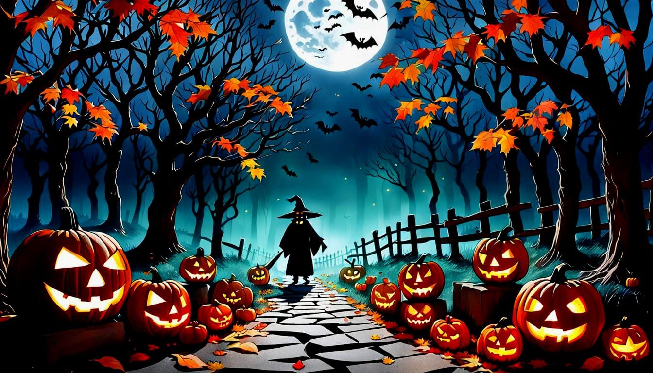 Leaf Art Halloween Scene in Japanese Style