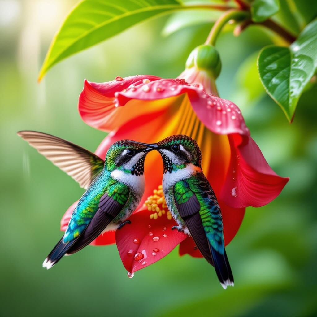 Hummingbirds Cuddle in Flower, Sheltering from Summer Rain