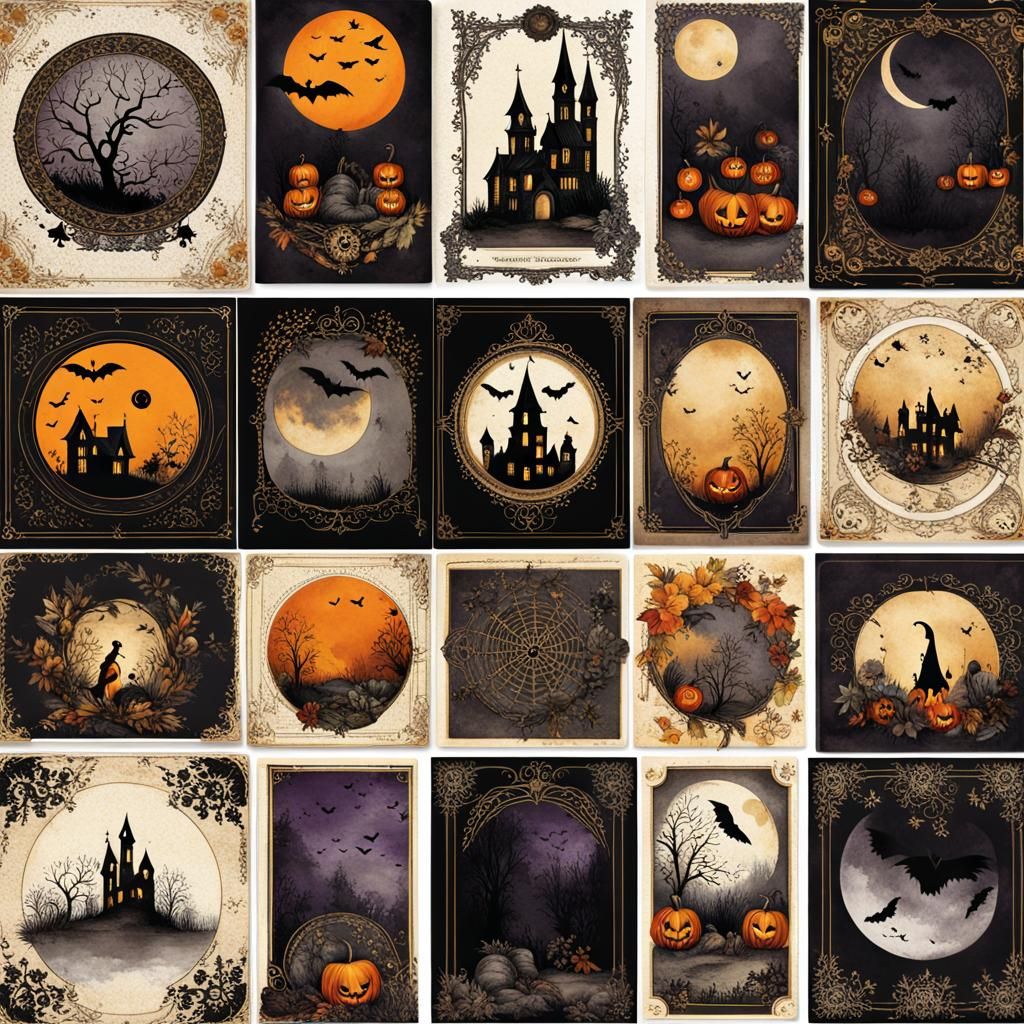 Gothic Halloween Ephemera in Watercolor Style