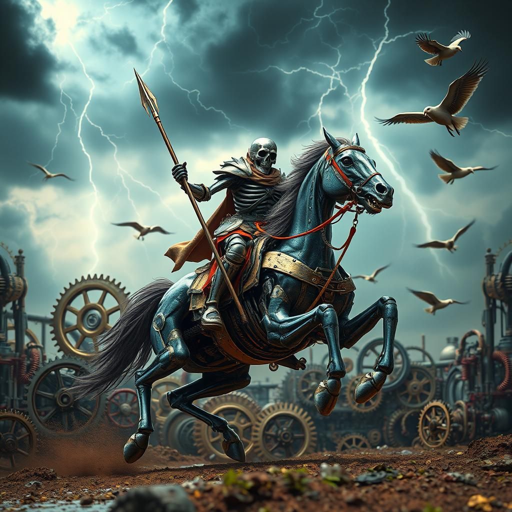 Skeletal Warrior on Mechanical Horse in Vivid Colors