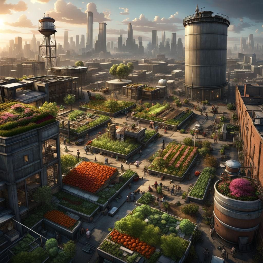 Rooftop Garden in Apocalyptic City, Fantasy Art