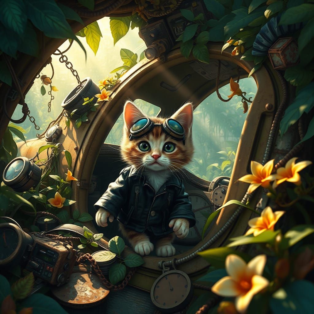 Kitten Explores Jungle Crash Site in Futuristic Style
