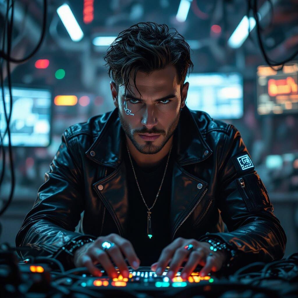 Hacker with Cybernetic Implants in Cyberpunk Environment