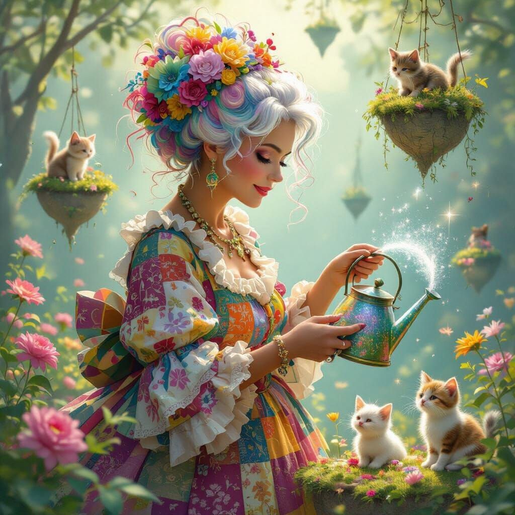 Granny with Rainbow Hair Tends Luminous Garden