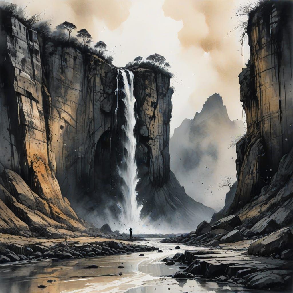 Gothic Landscape with Exaggerated Waterfall and Tiny Human F...