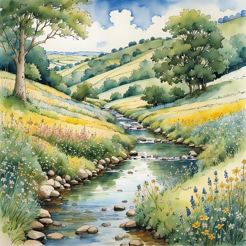 Anime Style Wildflower Stream Storybook Illustration