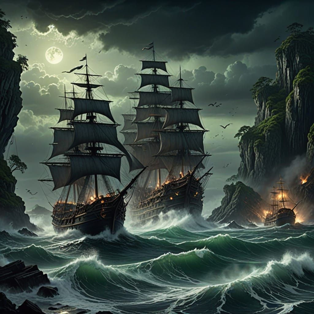 Mysterious Island in Stormy Seas with Wrecked Ships